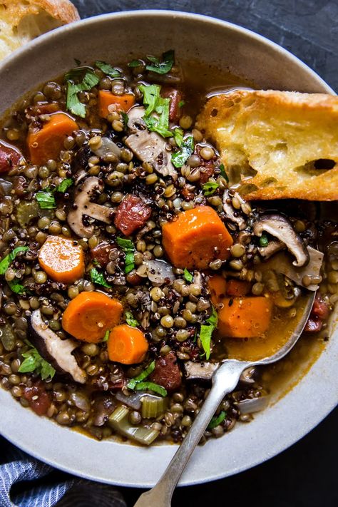 Seasoned with fresh thyme and studded with earthy mushrooms, French green lentils—the “caviar” of lentils—lend a toothsome bite to this protein-rich, vegan lentil soup with quinoa and mushrooms. Vegetarian Tips, Soup With Quinoa, French Lentil Soup, Fall Yummies, Lentils Recipes, Souper Bowl, Lentils And Quinoa, French Green Lentils, The Modern Proper