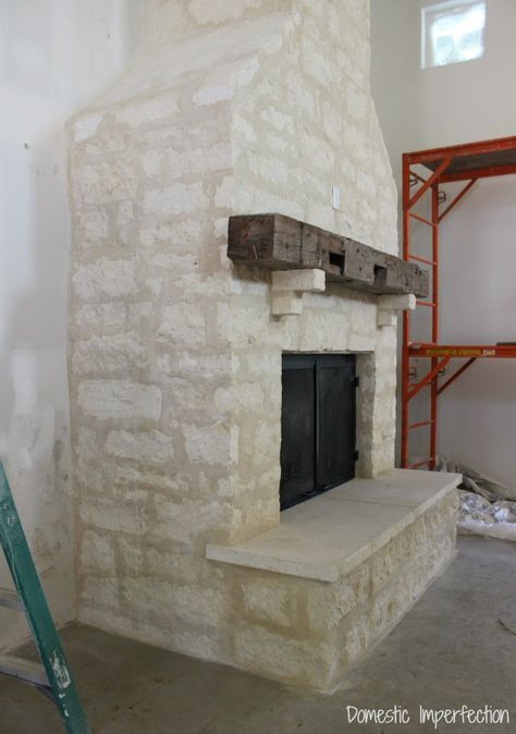 Interior Limestone - Domestic Imperfection Calacatta Vivo Quartz, Stone Fireplace Vaulted Ceiling, Austin Stone Fireplace, Limewash Stone, Limestone Interior, Large Stone Fireplace, Simple Fireplace, Stone Fireplace Mantel, Limestone Fireplace