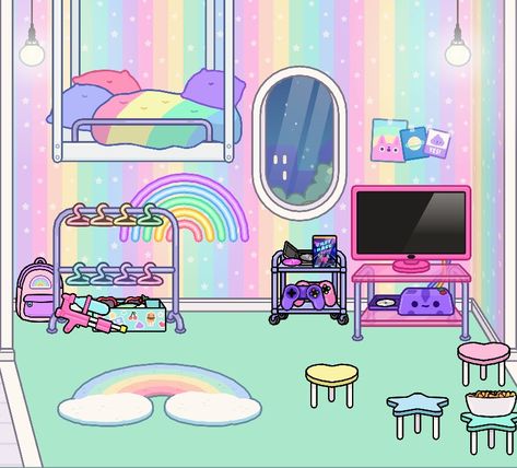 Toca Boca Neon Rainbow Apartment Ideas, Pastel Rainbow Bedroom, Toca World, Rainbow Bedroom, Pastel Bedroom, Rainbow Room, Colour Theme, Instagram Photo Inspiration, Pastel Rainbow