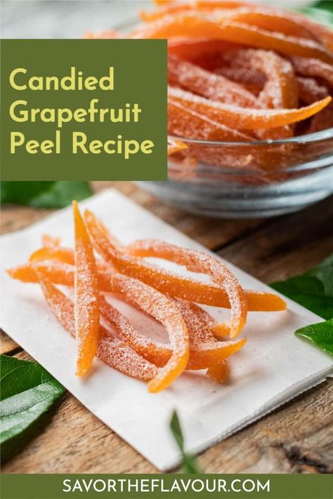 Transform bitter grapefruit peels into a sweet snack with this easy candied grapefruit peel recipe. This candied peel is great on its own as a healthy snack or used in baking. Reduce food waste by preserving the peels as a candy! Candied Citrus Peel, Candied Orange Peel Recipe, Orange Peel Recipe, Candied Fruit Recipes, Lemon Water Health Benefits, Candied Citrus, Jello Salads, Strawberry Scones, Lemon Juice Benefits