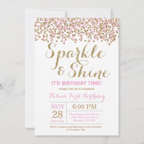 $2.61 | Sparkle and Shine Pink Gold Birthday Invitation - pink and gold, gold glitter, sparkle and shine birthday, girl birthday, 1st birthday, first birthday, gold confetti glam, kids birthday, blush pink and gold, children bday bash invite Sparkle Birthday Party, Pink Gold Birthday, Sparkle Birthday, Birthday 1st, Birthday Gold, Golden Birthday, Invitation Pink, Bday Girl, Gold Confetti