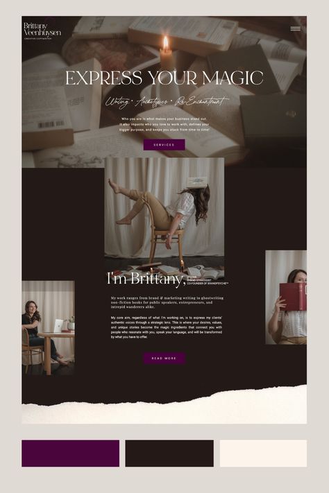 Moody and aesthetic website for a copywriter. Showit web design by Social-Estates founder, Kim Dinh. Dark and moody aesthetic with feminine typography. Apply for Website in a Week! Feminine Typography, Aesthetic Website, Web Design Color, Copywriting Business, Brand Palette, Moody Aesthetic, Dark And Moody, Brand Strategist, Who You Love