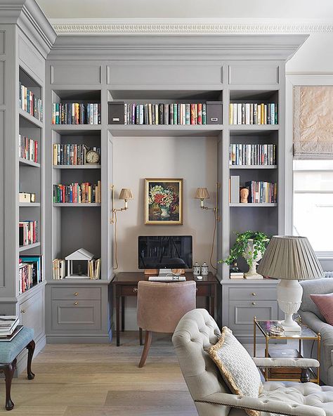 Home Office Decorating Ideas For Women Book Shelves, Bookcases Built In, White Built In Office, Master Closet Cabinet Ideas, Grey Built In Bookshelves, Fitted Bookcase Wall, Corner Bookshelves With Desk, Built In Bookshelves With Desk Office, Bookcase Around Piano