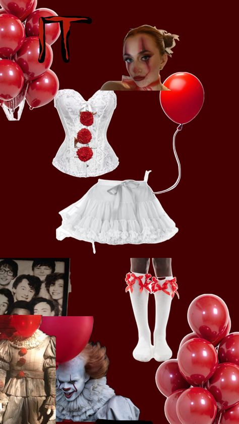 Pennywise from the it movie Halloween inspired consume for a spooky yet cute look / girly version for Halloween 2024 Pennywise Halloween Costume, Halloween Softball, Carnival Outfit Carribean, Clown Halloween Costumes, Movie Halloween Costume, It Movie, New Halloween Costumes, Queen Of Hearts Costume, Halloween Costume Idea