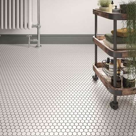 Hexagon White Mosaic Tiles (26x30cm) Mosaic Tile Floor Bathroom, Hexagonal Floor Tiles, Hexagon Tile Bathroom, White Hexagon Tiles, White Mosaic Tile, White Mosaic Tiles, Tile Adhesive, Suite Ideas, Coloured Grout