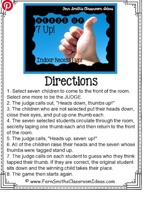 Heads Up 7 Up Game, Heads Up 7 Up, Heads Up Seven Up, Games Like Heads Up 7 Up, Inside Recess Ideas, Indoor Recess Ideas Elementary, Indoor Classroom Games, Kindergarten Games Indoor Classroom, Indoor Recess Ideas