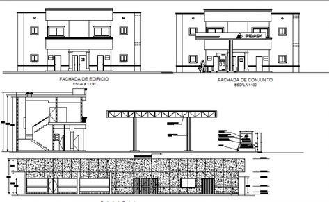 Gas station building elevation and sectional details dwg file Gas Station Plan Architecture, Filling Station Design Plan, Petrol Station Design Plan, Gas Station Plan, Gas Station Design, Architecture Model Trees, Toilet Plan, Windows View, Interior Design Plan