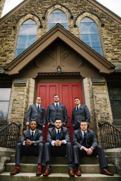 Navy blue grey suit brown shoes groomsmen at Saint Luke's Episcopal Church in Kalamazoo photographer Entrada Photography by Esther Tuttle Blue Grey Suit, Grey Suit Brown Shoes, Suit Brown, Saint Luke, Grey Suit, Episcopal Church, The James, Brown Shoes, Gray Suit