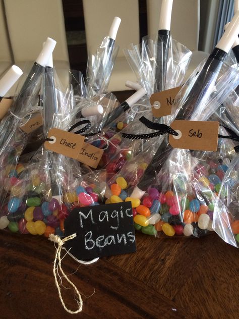 Magic beans - party bags Magician Party Food, Magic Themed Party Food, Magician Theme Party, Magic Show Birthday Party Kids, Magic Mixies Party, Magician Party Decorations, Magic Party Decorations, Magic Decorations Party, Magician Themed Birthday Party