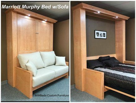 Murphy Bed with Sofa | Marriott| Custom Bed With Sofa, Murphy Bed With Sofa, Murphy Bed Sofa, Murphy Bed Ideas, Bed Ikea, Read People, Bed Hardware, Murphy Bed Ikea, Modern Murphy Beds