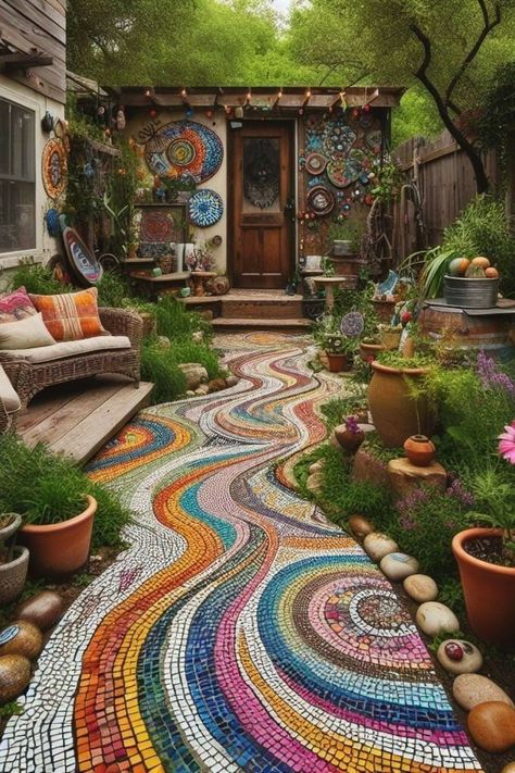 Boho Small Porch, Whimsical Boho Decor, Small Diy Patio, Colorful Boho Patio, Magical Yard, Hippie Garden Ideas, Boho Garden Ideas, Whimsical Backyard, Seattle Garden