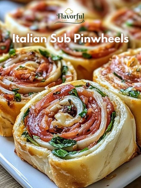 FlavorfulSide Recipes Crescent Roll Appetizers, Pinwheel Appetizers, Italian Sub, Turkey Ham, Chicken Ham, Turkey Pepperoni, Flour Tortilla, Pinwheel Recipes, Appetizers Easy Finger Food