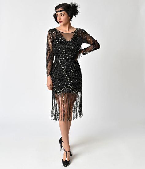 Black & Gold Beaded Sheer Long Sleeve Betty Flapper Dress | Vintage style fashion, clothing, and outfits for women #vintagestyle #vintageshop #affiliatelink #vintageclothing #fashion Flapper Dress Long Sleeve, Long Sleeve Flapper Dress, The Roaring 20s Dresses, Long Sleeve Flapper Dress 1920s, Long Sleeve 1920s Dress, Black Flapper Dress 1920s, Black Gatsby Dress, Gatsby Party Outfit Women 1920s Style, Gatsby Outfits