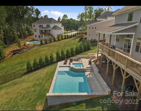 Pool In Hillside, Pools With Sloped Backyard, Pool With Sloped Backyard, Pools In A Sloped Backyard, Rectangle Pool On Hillside, Inground Pool On A Hill Backyards, Backyard Pool On Hill, Pool On Hill, Pool In Sloped Backyard