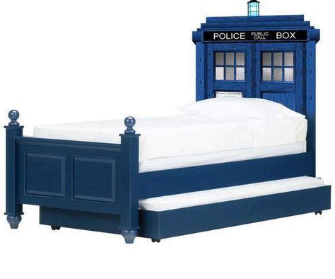 Doctor Who bed, with trundle bed Doctor Who Bedroom, Doctor Who Room, Doctor Who Decor, Four Poster Bed Frame, Textured Panels, Doctor Who Tardis, Headboard Wall, Four Poster Bed, Police Box