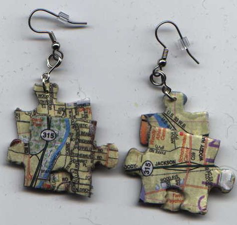 Puzzle map earrings Puzzle Earrings, Map Earrings, Map Puzzle, Map Projects, Puzzle Jewelry, Fabric Earrings, Earring Ideas, Something Old, Leather Fabric