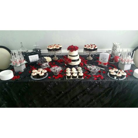 Red And Black Desert Ideas, Red And Black Dessert Table, Red Black And White Sweet 16, Red Black And White Dessert Table, Black And Red Party Theme Sweet 16, Red And Black Sweets Table, Sweet 16 Party Ideas Themes Black White Red, White Dessert Tables, Black Dessert