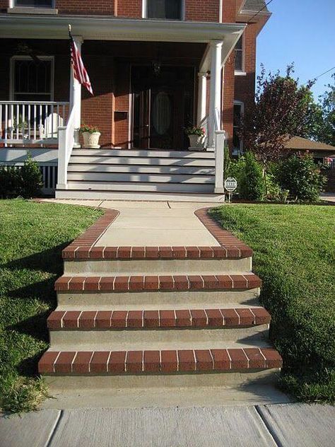 35 Wonderful DIY Ideas to Decorate Your Yard With Bricks - Engineering Discoveries Concrete Front Steps, Concrete And Brick, Brick Sidewalk, Brick Border, Brick Porch, Spiral Garden, Front Porch Steps, Front Stairs, Brick Projects