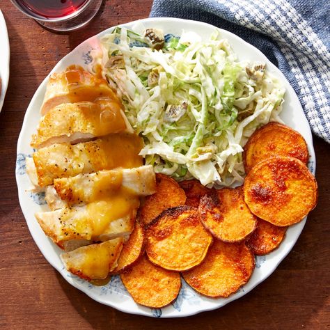 Chicken Honey Mustard, Hello Fresh Chicken, Creamy Slaw, Sweet Potato Rounds, Chicken Season, Mom Meals, Potato Rounds, Blue Apron Recipes, Chicken Honey