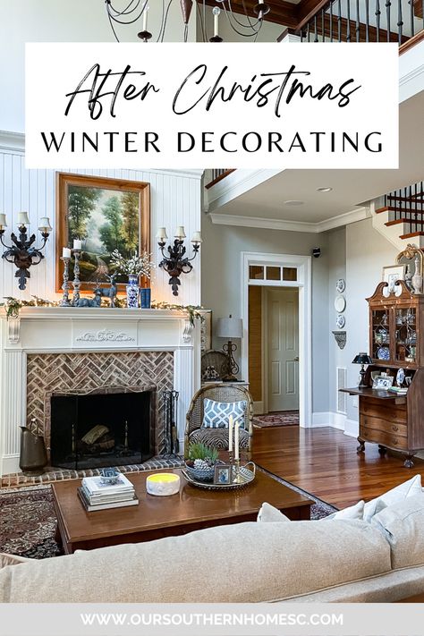 family room decorated for winter Winter Decor Ideas For The Home Cozy, Cozy Winter Decor Living Room, Winter Decor Ideas For The Home Living Rooms, Living Room Hutch Decorating Ideas, January Decorating Ideas House, Cozy Winter Decor After Christmas, After Christmas Decor Winter Decorations, Winter Living Room Decor Cozy, Winter Home Decor After Christmas