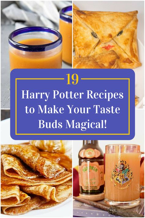 Collage of 4 harry potter recipes. Harry Potter Themed Breakfast, Harry Potter Howler Pastry, Harry Potter Meals, Harry Potter Hot Chocolate, Harry Potter Food Recipes, Harry Potter Dishes, Hogwarts Food, Harry Potter Recipes, Hardy Potter