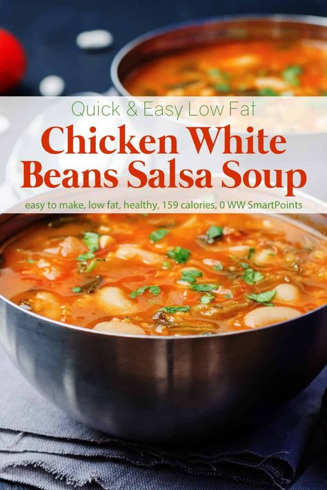 This quick and easy, low fat chicken white bean salsa soup is the kind of dish that barely qualifies as a recipe. Just stir together some chopped cooked chicken, chicken broth, salsa and a couple of cans of drained white beans and add chili powder and cumin to taste. Only 159 calories and 0 WW Freestyle SmartPoints! #chickenwhitebeansalsasoup #lowfatchickensalsasoup #whitebeansalsasoup #chickensalsasoup #chickensoup #soup Salsa Soup Recipe, Salsa Soup, Ww Soup, Ww Dinner, Low Fat Chicken, White Bean Soup Recipes, Bean Salsa, Weight Watchers Soup, Quick And Easy Soup