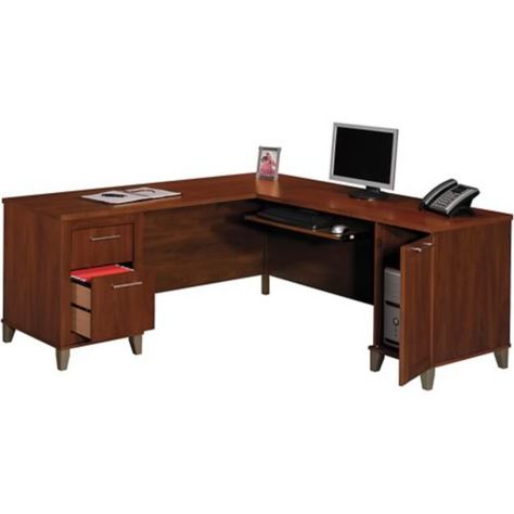 Bush Somerset 71" Cherry L-Desk | Quill.com L Shaped Wood Desk, Vertical Storage Cabinet, L Shaped Desk With Storage, Woodworking Desk Plans, Cheap Office Furniture, L Desk, Computer Desk With Hutch, Desk Styling, Woodworking Bed