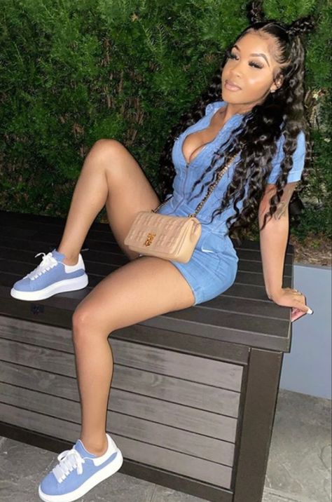 Summer Romper Outfit Black Women, Trendy Denim Jumpsuits And Rompers For Streetwear, Jean Romper Outfit Black Women, Denim Romper Outfit Black Women, Demin Dress Outfit, Expensive Fits, Denim Two Piece Outfit Black Women, Jean Romper Outfit Baddie, Denim Romper Black Women