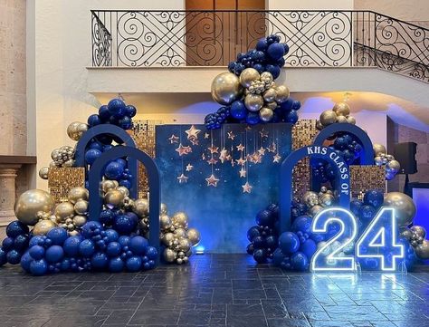 Different Shades Of Blue Birthday Party, Blue And Gold Birthday Decorations, Balloon Birthday Themes, Blue Party Decorations, Birthday Room Decorations, Blue Birthday Parties, Blue Graduation, Gold Party Decorations, Prom Decor