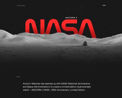 Landing page for Anicorn x NASA on Behance Nasa Graphic Design, Nasa Watch, Planet Project, Space Banner, Information Poster, Space Projects, Creative Poster, Typography Poster Design, Motion Graphics Design