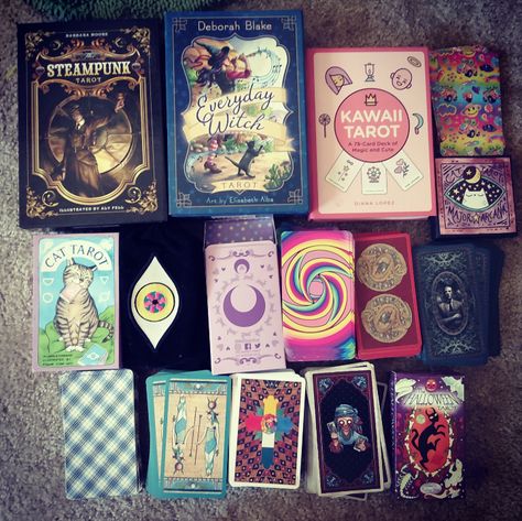 My tarot card collection (part 1) Tarot Card Collection, Tarot Collection, Easy Deck, Types Of Reading, Aleister Crowley, Rider Waite Tarot, New Readers, Super Kawaii, Rider Waite