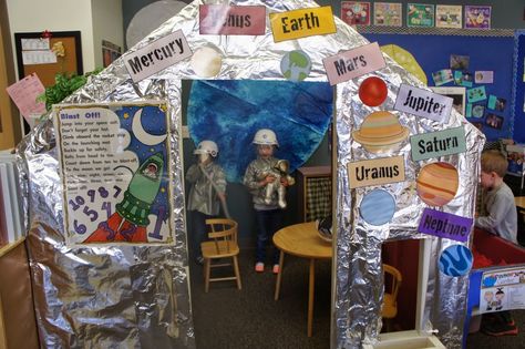 A Rocket Ship playhouse Ship Dramatic Play, Space Theme Classroom, Space Classroom, Role Play Areas, Space Unit, Dramatic Play Area, Dramatic Play Preschool, Outer Space Theme, Space Activities