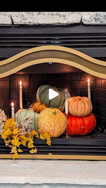 Tamara Salvetti on Instagram: "Too hot for a fire?  Then do this. . . You can even have pumpkins spilling out onto the hearth.  These pumpkins are real heritage pumpkins from Walmart , they usually stick these late August.  Such a pretty early Autumn view.  . .   #halloween  #earlyfall  #fall #fireplace  #falldecor  #fallstyle  #decoratingideas" Fall Fireplace, Fall Living Room, Fall Front Porch Decor, Fall Deco, Fall Front Porch, Up Costumes, Fall Front, Early Autumn, Fall Halloween Decor