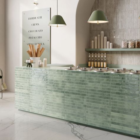 Green Cafe, Café Design, Gray Porcelain Tile, Grey Tiles, Cafe Interior Design, Glass Mosaic Tiles, Tea Shop, Cafe Interior, Cafe Design