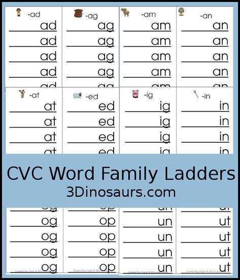 Free CVC Word Family Ladder Printables - 11 page of ladders with 22 word endings - 3Dinosaurs.com Word Family Activities Free, Cvc Word Ladders Free, Cvc It Word Family, Short O Word Families, Rhyming Word Families, Ack Word Family Worksheet, Word Family List, Word Family Sort, Word Sort Activities