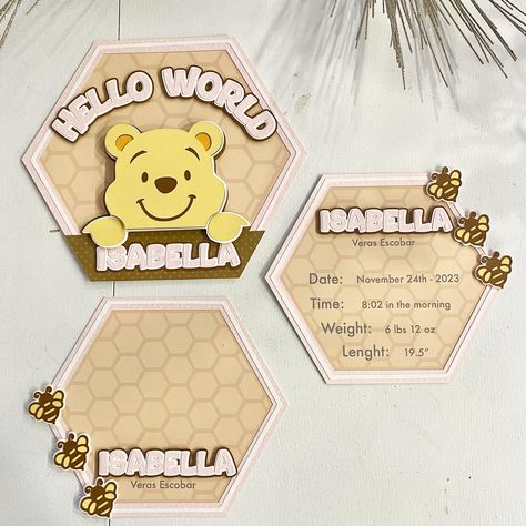 “Welcome Baby” Winnie the Pooh Stats Cards: Set of three cardstock announcements featuring Winnie the Pooh theme. Customize with baby’s name, birthdate, weight, and length. Share your joy in Hundred Acre Wood style! 🍯🐻🎈 #miaspixiedust #WelcomeBaby #WinnieThePooh #BabyStats Winnie The Pooh Baby Announcement, Hello World Sign, Newborn Footprints, Baby Announcement Sign, Footprint Keepsake, Winnie The Pooh Themes, Welcome Home Signs, Baby Birth Stats, Baby Stats