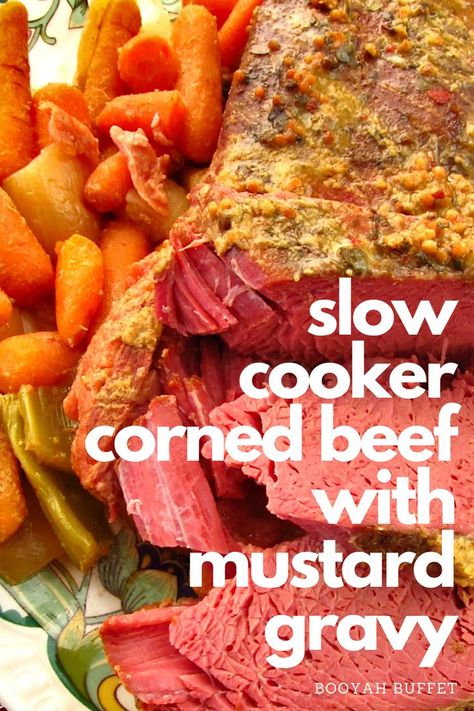 slow cooker corned beef with mustard gravy Corned Beef Sauce, Tender Corned Beef, Best Corned Beef Recipe, Corned Beef Recipes Slow Cooker, Beef Gravy Recipe, Baked Corned Beef, Crock Pot Corned Beef, Homemade Corned Beef, Slow Cooker Corned Beef