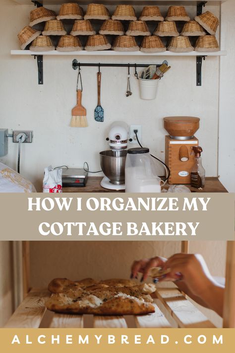 Home Based Bakery Kitchen, Organize Home Bakery, Farm Bakery Ideas, Micro Bakery Kitchen, Home Bakery Layout, Tiny House Bakery, Small Bakery Menu Ideas, Microbakery Kitchen, Cottage Law Bakery