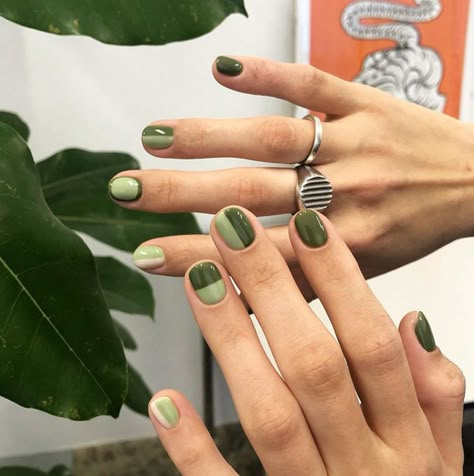 Green Minimal Nails, Two Tone Nails Gel, Short Green Manicure, Short Green Gel Nail Designs, Green Nail Designs Short Nails, Short Nail Art Green, Funky Green Nail Designs, Green Manicure Short Nails, Plain Gel Nail