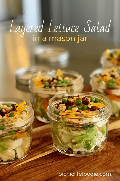 Individual Salad Cups Party Ideas, Individual Salads For Parties, Individual Salad Cups, Layered Lettuce Salad, Salad In A Cup, 24 Hour Salad, Peas Bacon, Salad Cups, 7 Layer Salad