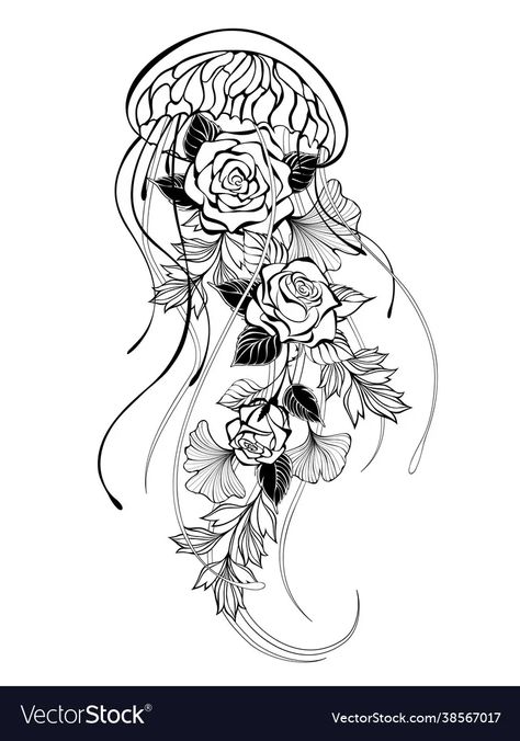 Jellyfish with roses vector image Jellyfish Drawing Line Art, Drawn Jellyfish, Clip Art Jellyfish, Black And White Jellyfish Wallpaper, Jellyfish Svg, Jellyfish Black And White Drawing, Jellyfish Clipart, Jellyfish Vector Illustration, Roses Vector