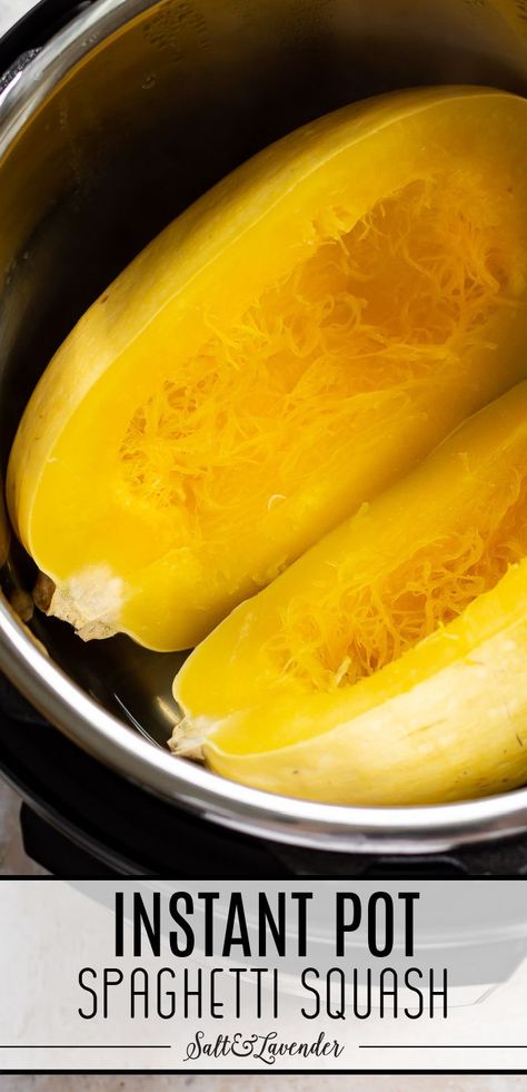 closeup of two halves of squash with text overlay that reads instant pot spaghetti squash Spaghetti Squash Instapot, Insta Pot Spaghetti Squash Recipes, Squash Soup Recipe Instant Pot, Pressure Cooker Spaghetti Squash, Spagetti Squash Insta Pot, Instant Pot Squash Recipes, Spaghetti Squash Recipes Instant Pot, Spaghetti Squash Recipes Crockpot, Spaghetti Squash Instant Pot