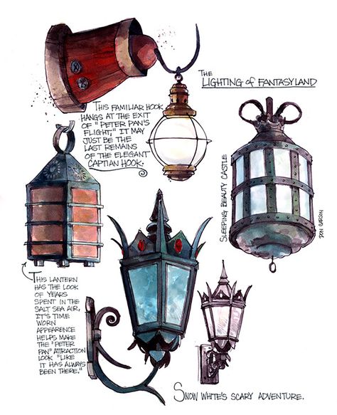 Sketches produced for a proposed book, illustrating the attention to detail found within the Disneyland California resort. The book was never produced. Theme Park Design Concept Art, Props Concept, Disney Imagineering, Fantasy Props, Disney Concept Art, Disneyland California, Vintage Disneyland, Street Lights, Seni Cat Air