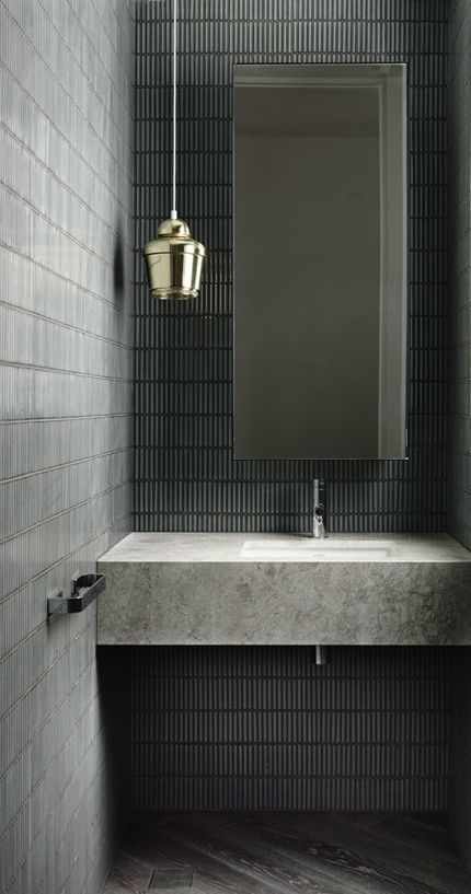 Powder room, offset mirror placement, pendant off to side. Great tile and finish choices. concrete sink Concrete Bathroom Sink, Armani Casa, Concrete Bathroom, Bad Design, Bathroom Toilets, Beautiful Bathrooms, Bathroom Inspiration, 인테리어 디자인, Bathroom Interior Design