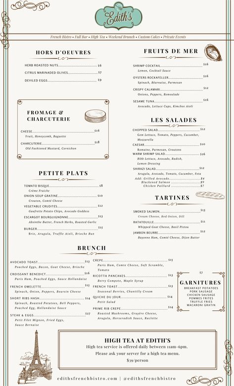 Plano Menu | Edith's French Bistro French Menu Design, French Bistro, French Inspired, Menu Design, Dallas Texas, Digital Media, Dallas, Texas, Restaurant