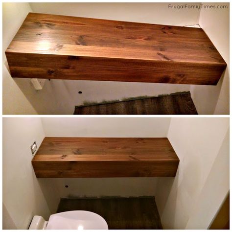 How to Build a Modern Wood Floating Vanity For Less than $30 (an IKEA Hack!) | Frugal Family Times Wooden Floating Bathroom Vanity, Teak Floating Vanity, Floating Bathroom Sink Ideas, Home Made Vanity, Floating Vanity Diy, Vanity Ikea Hack, Diy Sink Vanity, Pedestal Vanity, Vanity Remodel