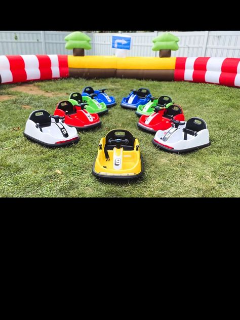 Little Racer Party Rentals Racecar Birthday Party Activities, Rc Car Birthday Party Ideas, Bumper Car Birthday Party, Racecar Party Activities, Diy Race Track For Kids, Racecar Birthday Games, Race Car Bounce House, Toddler Bounce House, Ferrari Party