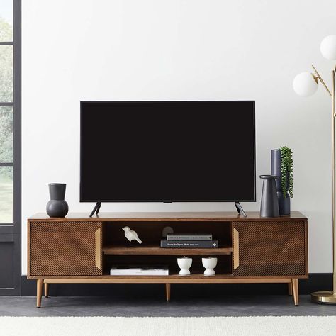 Tv Unit Uk, Long Tv Unit, Dark Wood Tv Stand, Mango Wood Tv Unit, Tv Stand Lights, Dark Wood Sideboard, Wood Tv Unit, Girl Apartment, Tv Unit Decor