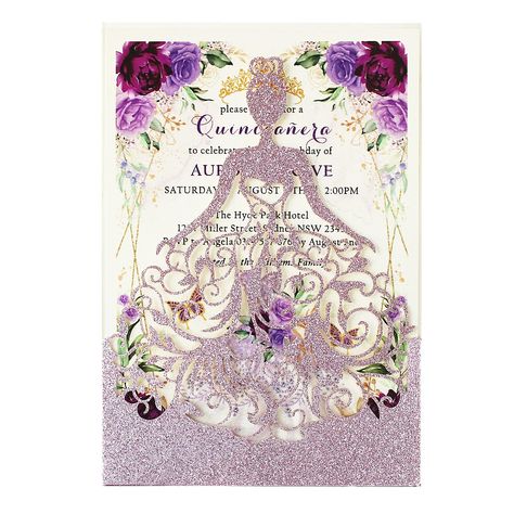 PRICES MAY VARY. Packaging includes: 50 laser cut purple invitations pockets, 50 Customized Pearlescent inner sheets, 50 envelopes, 50 seals. Invitations kit size: 5.12 x 7.28 inch purple glitter invitation pockets, 4.92 x 7.1 inch ivory pearlescent insert paper, 5.3x7.6 inch ivory envelopes. Invitation glitter pockets is 250g cardboard, the glitter does not fall off. Inner cards is 250g pearl ivory cards, The Pearl Paper is shiny and looks luxurious. How to customize printing: Please leave your Adobe Illustrator Templates, Purple Quinceanera, Purple Quinceanera Dresses, Quince Themes, Purple Invitations, Sofia Party, Glitter Pattern, Glitter Invitations, Laser Cut Invitation