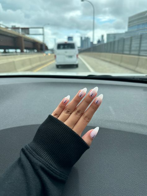 Milky White And Blue Nails, Milky Almond Nails, Milky White Almond Nails, Almond Nails Blue, Nails With Blue, White Almond Nails, Nails Blue, Blue Dots, Milky White